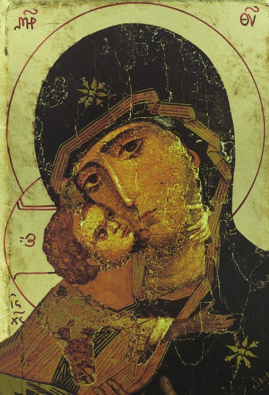 icona volto della tenerezza, madonna di vladimir, icona in stile arte bizantina, icona su legno rifinita con aureole, scritte e bordure fatte a mano, produzione greca - 25,5 x 19 cm