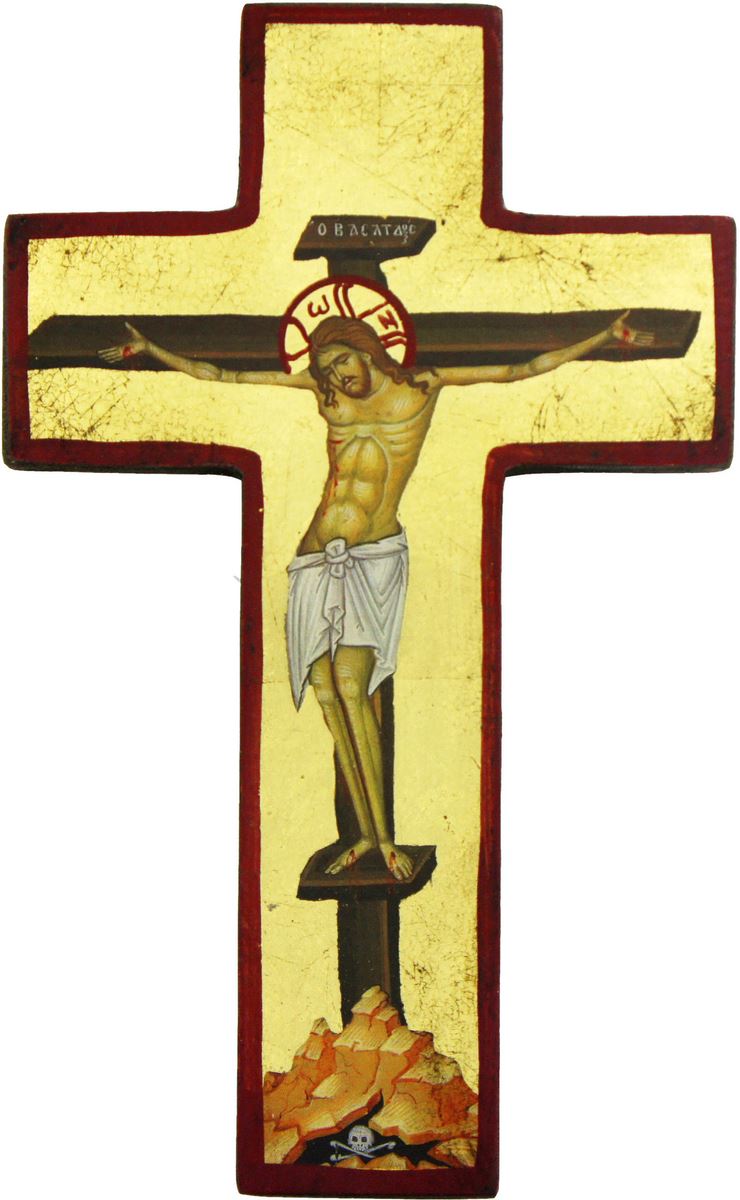 croce icona cristo morente, icona in stile arte bizantina, icona su legno rifinita con aureole, scritte e bordure fatte a mano, produzione greca e sfondo foglia oro - 21,5 x 13 cm