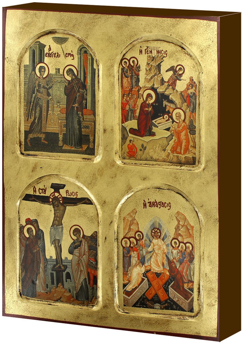 icona scene della vita di gesù, icona in stile arte bizantina, icona su legno rifinita con aureole, scritte e bordure fatte a mano, produzione greca - 22 x 18 cm