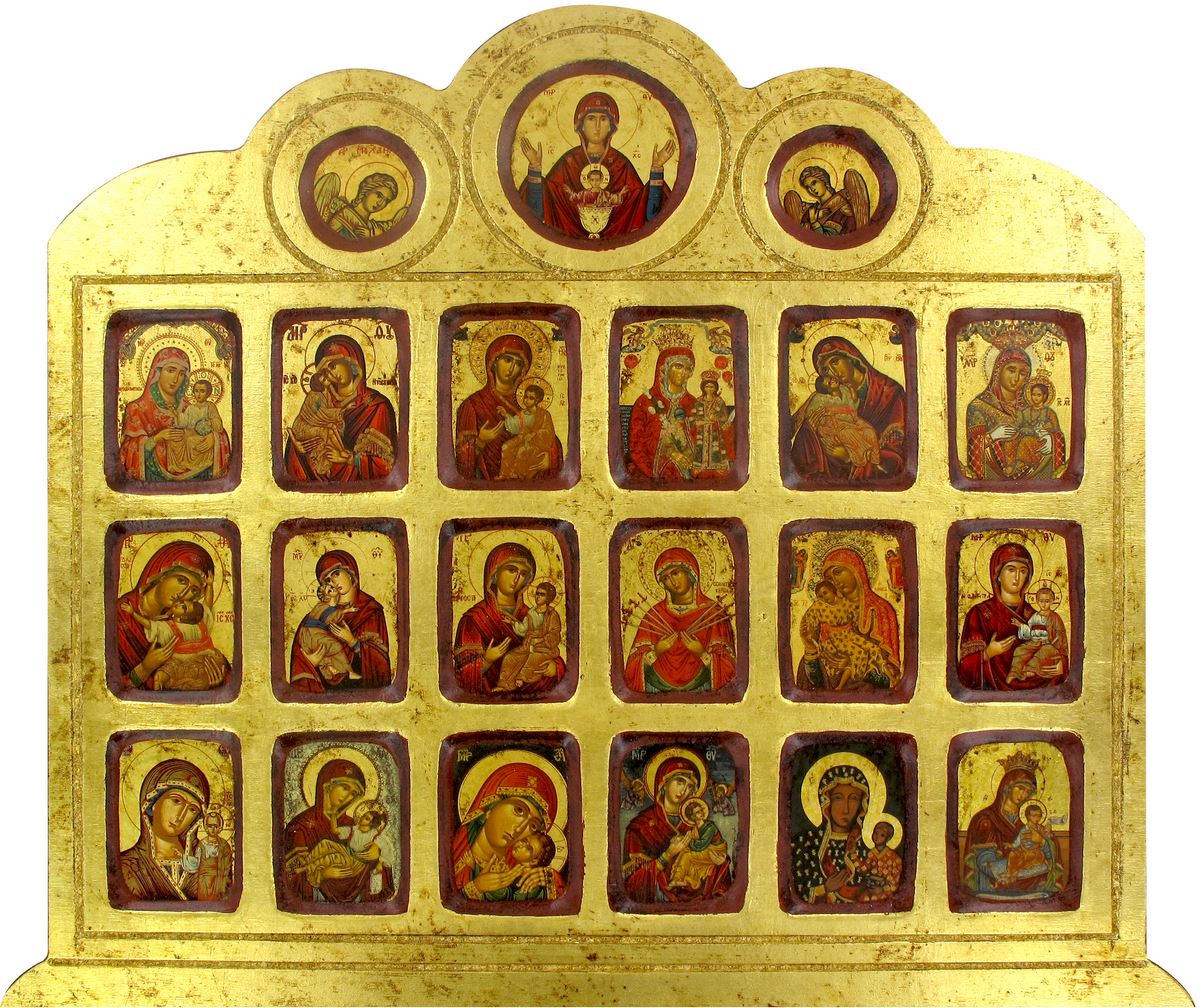 icona 19 madonne e angeli, icona in stile arte bizantina, icona su legno rifinita con aureole, scritte e bordure fatte a mano, produzione greca - 42 x 36,5 cm