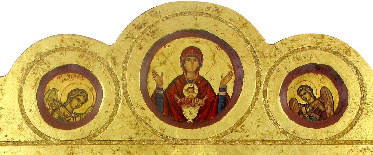 icona 19 madonne e angeli, icona in stile arte bizantina, icona su legno rifinita con aureole, scritte e bordure fatte a mano, produzione greca - 42 x 36,5 cm