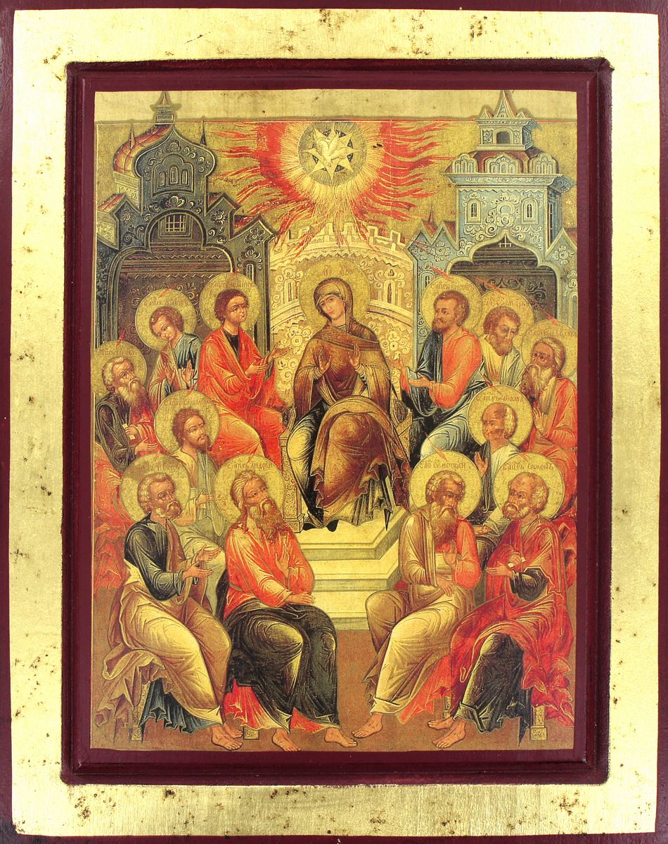 icona discesa dello spirito santo, pentecoste, icona in stile arte bizantina, icona su legno rifinita con aureole, scritte e bordure fatte a mano, produzione greca - 32 x 24 cm