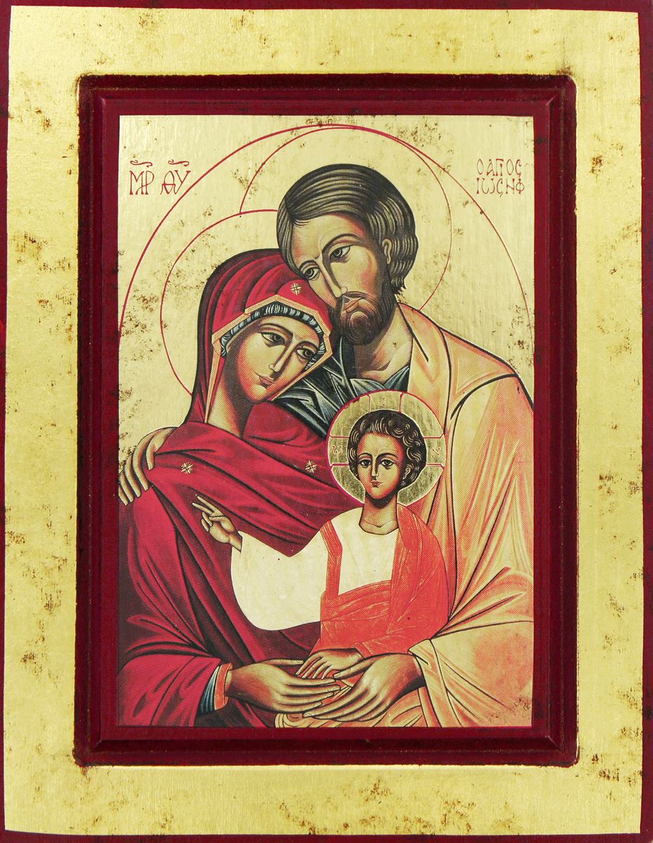 icona sacra famiglia, icona in stile arte bizantina, icona su legno rifinita con aureole, scritte e bordure fatte a mano, produzione greca - 19 x 15 cm