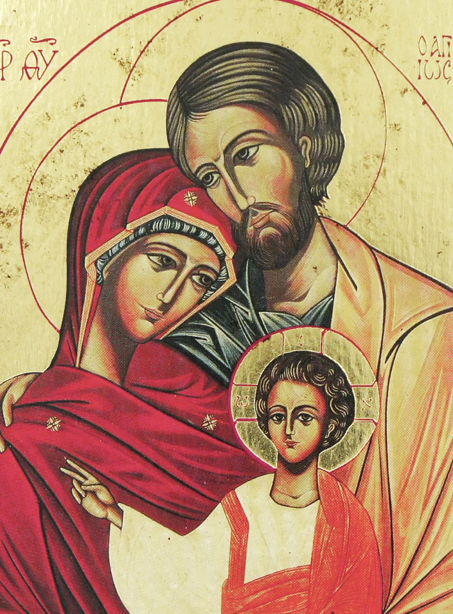 icona sacra famiglia, icona in stile arte bizantina, icona su legno rifinita con aureole, scritte e bordure fatte a mano, produzione greca - 32 x 25 cm