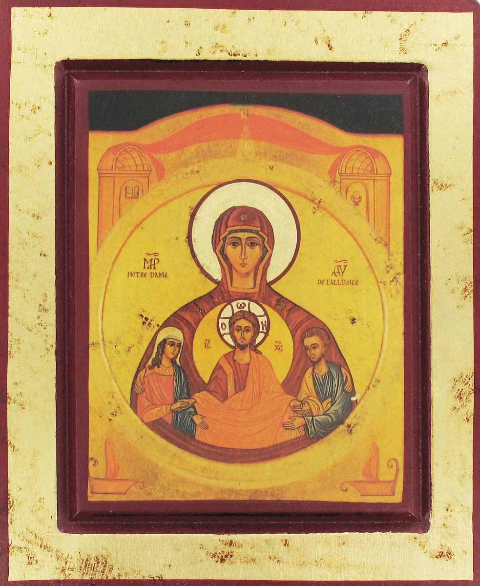 icona degli sposi - nostra signora dell'alleanza, icona in stile arte bizantina, icona su legno rifinita con aureole, scritte e bordure fatte a mano, produzione greca - 32 x 26 cm