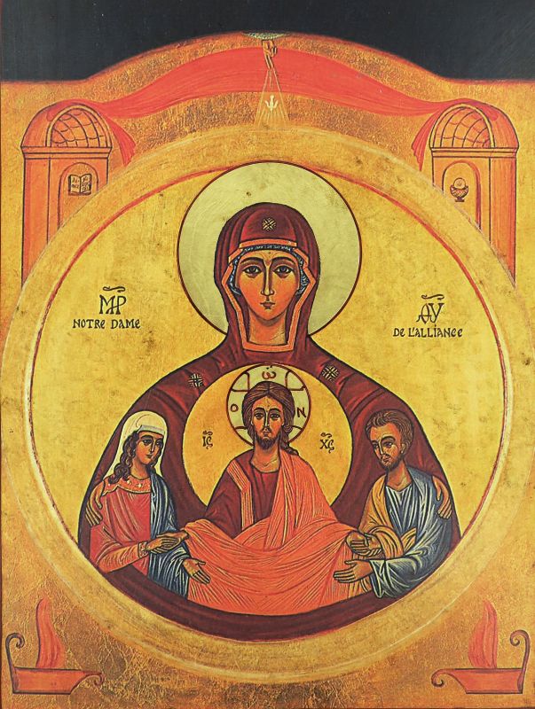 icona degli sposi - nostra signora dell'alleanza, icona in stile arte bizantina, icona su legno rifinita con aureole, scritte e bordure fatte a mano, produzione greca - 32 x 26 cm