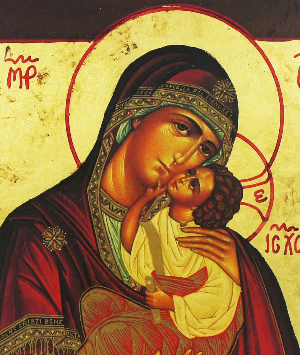 icona madonna di sofronov (madre di dio della tenerezza), icona in stile arte bizantina, icona su legno rifinita con aureole, scritte e bordure fatte a mano, produzione greca - 25,5 x 19,5 cm