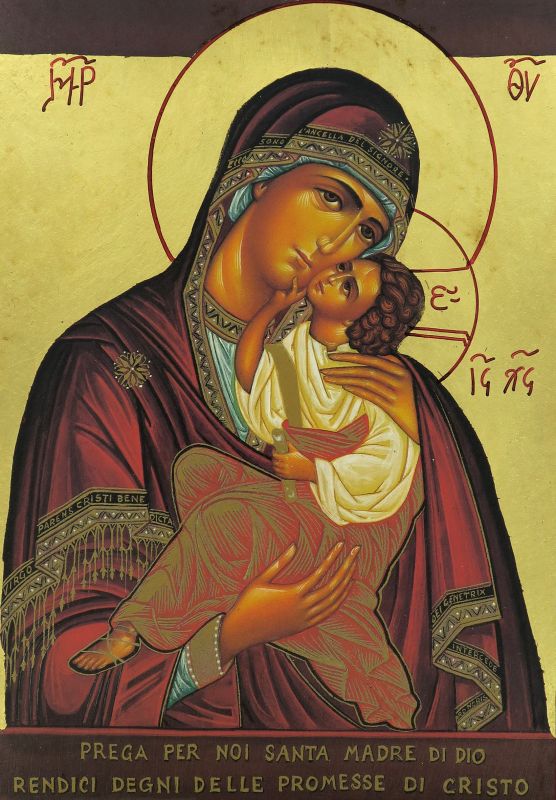 icona madonna di sofronov (madre di dio della tenerezza), icona in stile arte bizantina, icona su legno rifinita con aureole, scritte e bordure fatte a mano, produzione greca - 25,5 x 19,5 cm