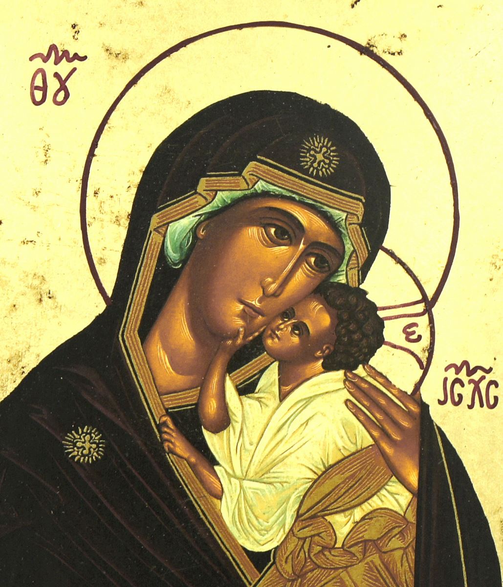 icona madre di dio di jaroslav, icona in stile arte bizantina, icona su legno rifinita con aureole, scritte e bordure fatte a mano, produzione greca - 15,5 x 12 cm