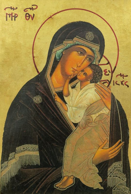 icona madre di dio di jaroslav, icona in stile arte bizantina, icona su legno rifinita con aureole, scritte e bordure fatte a mano, produzione greca - 15,5 x 12 cm