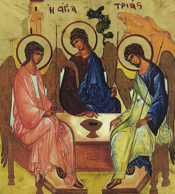 icona trinità di rublev, icona in stile arte bizantina, icona su legno rifinita con aureole, scritte e bordure fatte a mano, produzione greca - 14 x 13,5 cm