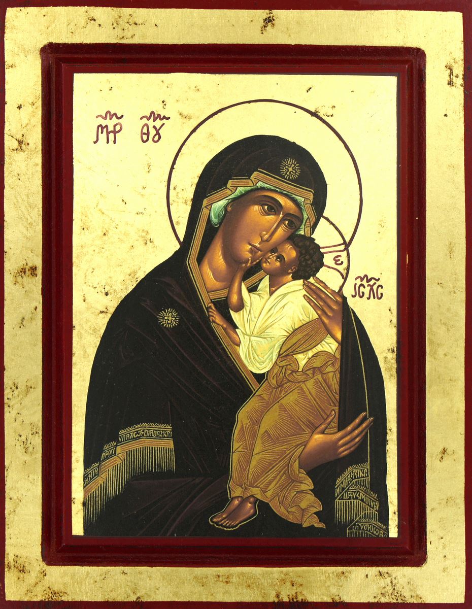 icona madre di dio di jaroslav, icona in stile arte bizantina, icona su legno rifinita con aureole, scritte e bordure fatte a mano, produzione greca - 33 x 25 cm