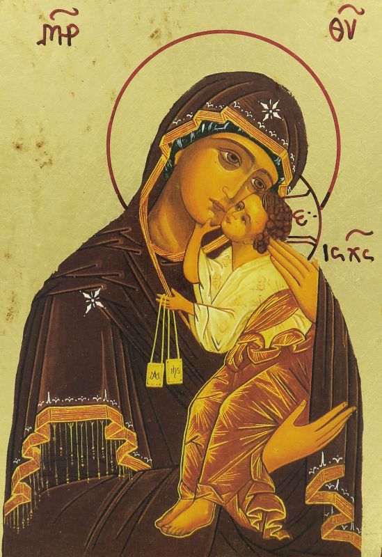 icona madonna del carmine, icona in stile arte bizantina, icona su legno rifinita con aureole, scritte e bordure fatte a mano, produzione greca - 19 x 15 cm