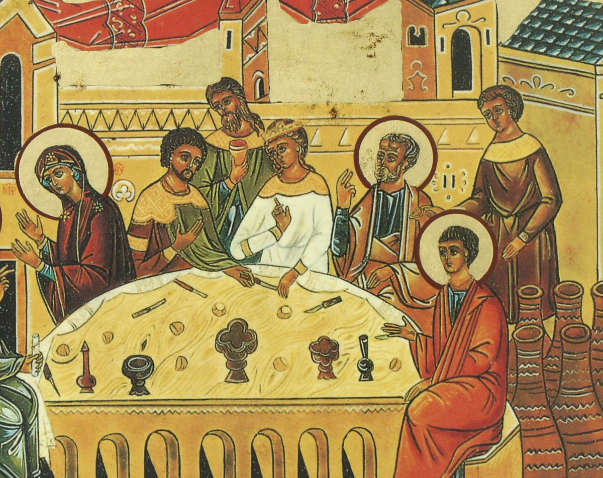 icona nozze di cana, icona in stile arte bizantina, icona su legno rifinita con aureole, scritte e bordure fatte a mano, produzione greca - 24 x 18 cm