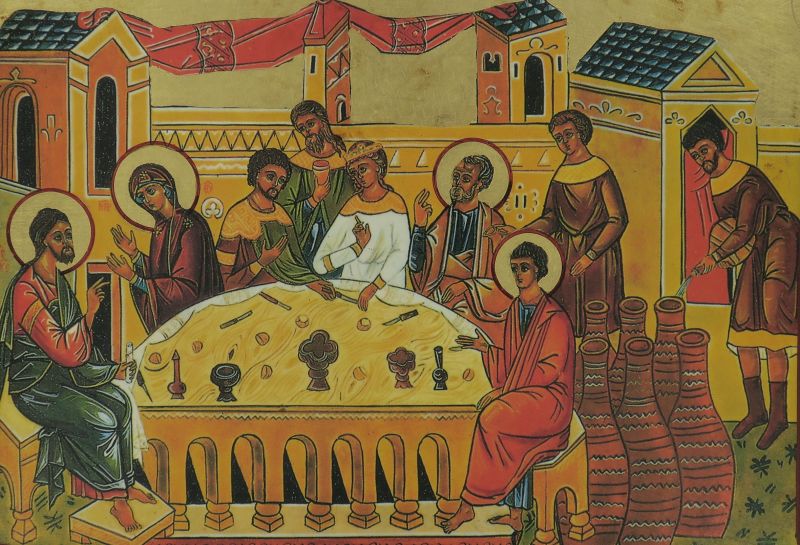 icona nozze di cana, icona in stile arte bizantina, icona su legno rifinita con aureole, scritte e bordure fatte a mano, produzione greca - 24 x 18 cm