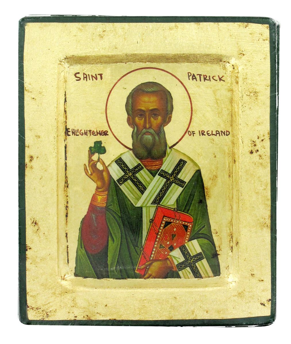 icona saint patrick / san patrizio, icona in stile arte bizantina, icona su legno rifinita con aureole, scritte e bordure fatte a mano, produzione greca - 14 x 11 cm 