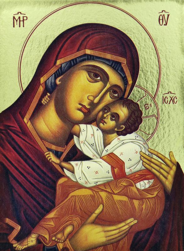 icona madonna con manto rosso stampa su legno scavato - 24 x 19 cm