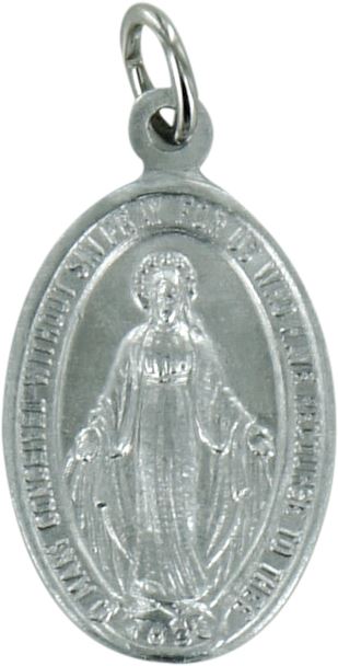 medaglia miracolosa con scritta in inglese, alluminio argentato, 1,8 x 1,2 cm