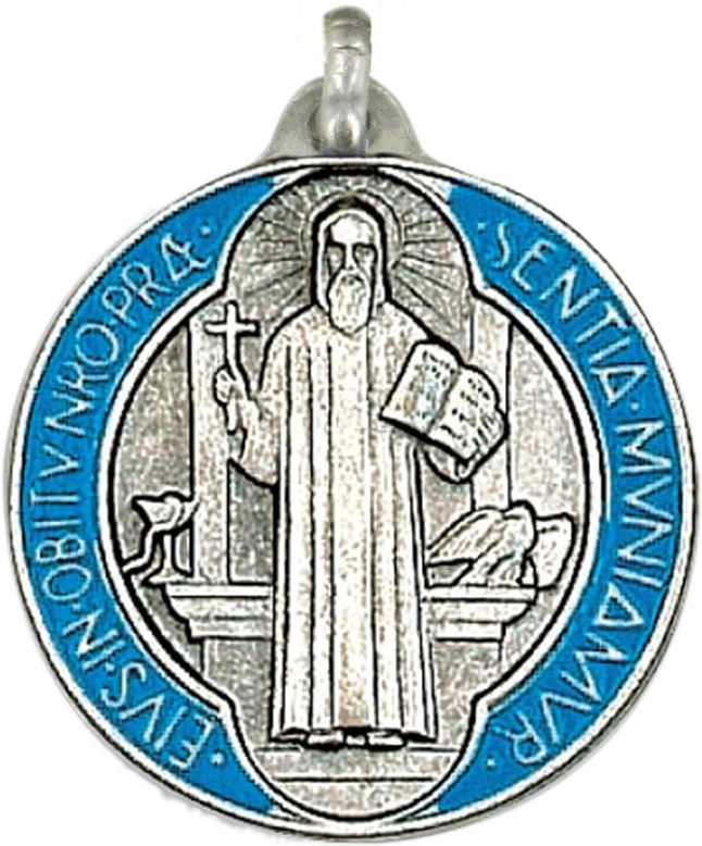 medaglia san benedetto tonda in metallo argentato con smalto - 3 cm