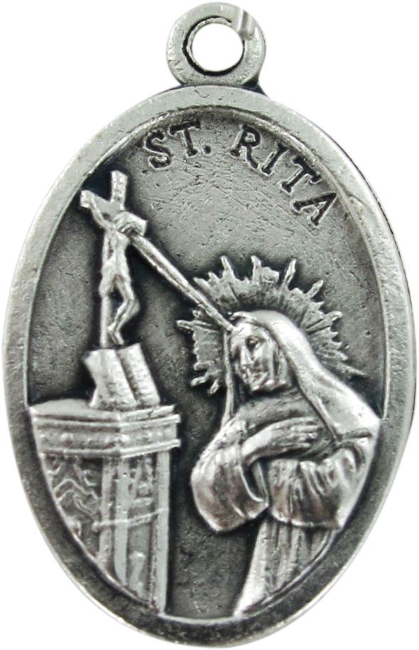 medaglietta santa rita, ciondolo pendente s. rita, ovale, metallo ossidato, 2 cm