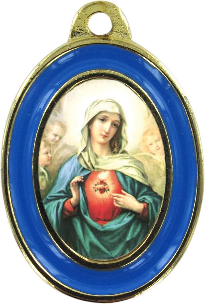 medaglia sacro cuore di maria in metallo dorato con bordo azzurro - 3 cm