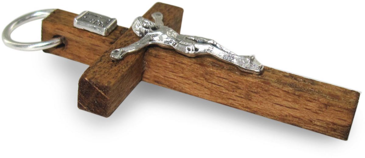 croce in legno color naturale con cristo - 4,5 cm