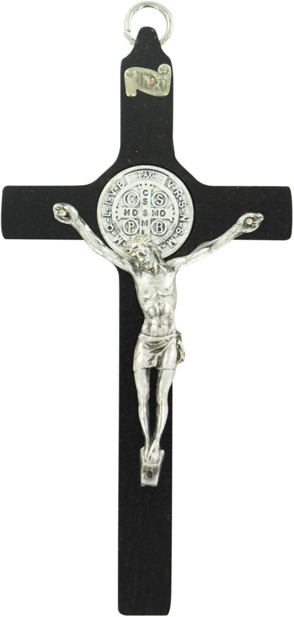 crocifisso san benedetto da parete in legno con cristo in metallo - 12 cm