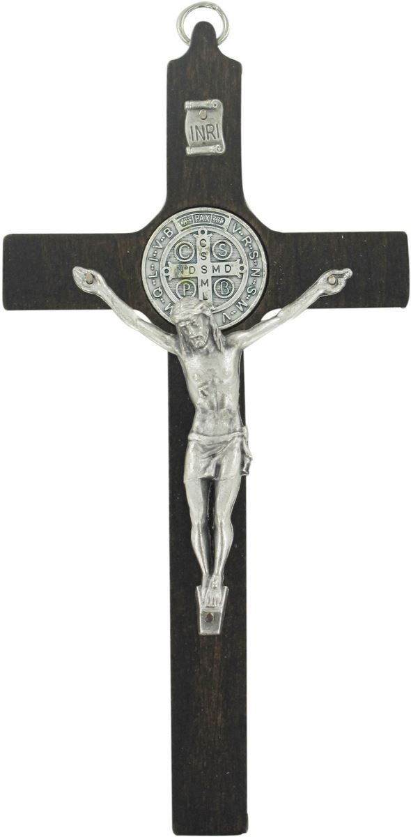 crocifisso san benedetto da parete in legno con cristo in metallo - 16 cm