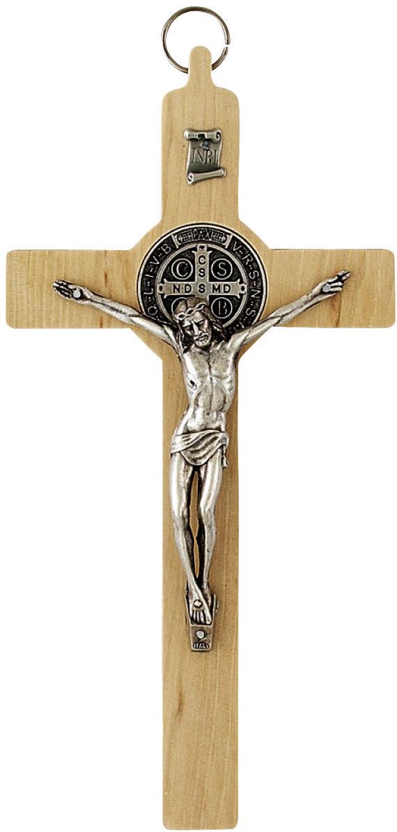 crocifisso san benedetto in legno naturale con cristo in metallo - 20 cm