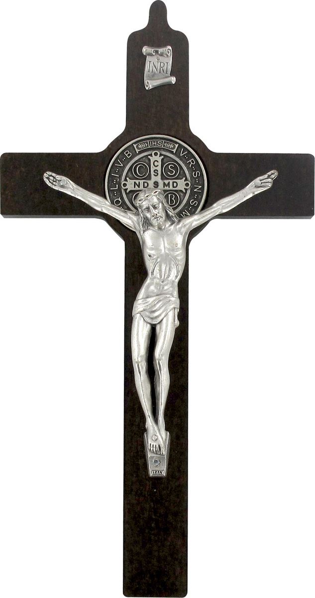 crocifisso san benedetto in legno di noce con cristo in metallo - 20 cm