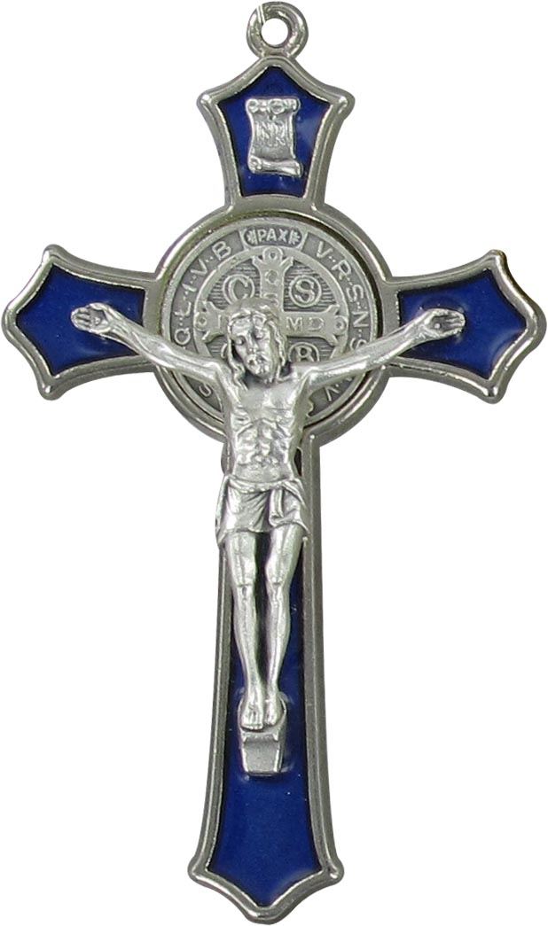 croce san benedetto in metallo nichelato con smalto blu - 7,5 cm