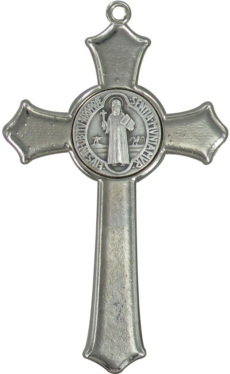 croce san benedetto in metallo nichelato con smalto blu - 7,5 cm