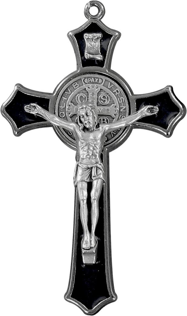 croce san benedetto in metallo nichelato con smalto marrone - 7,5 cm