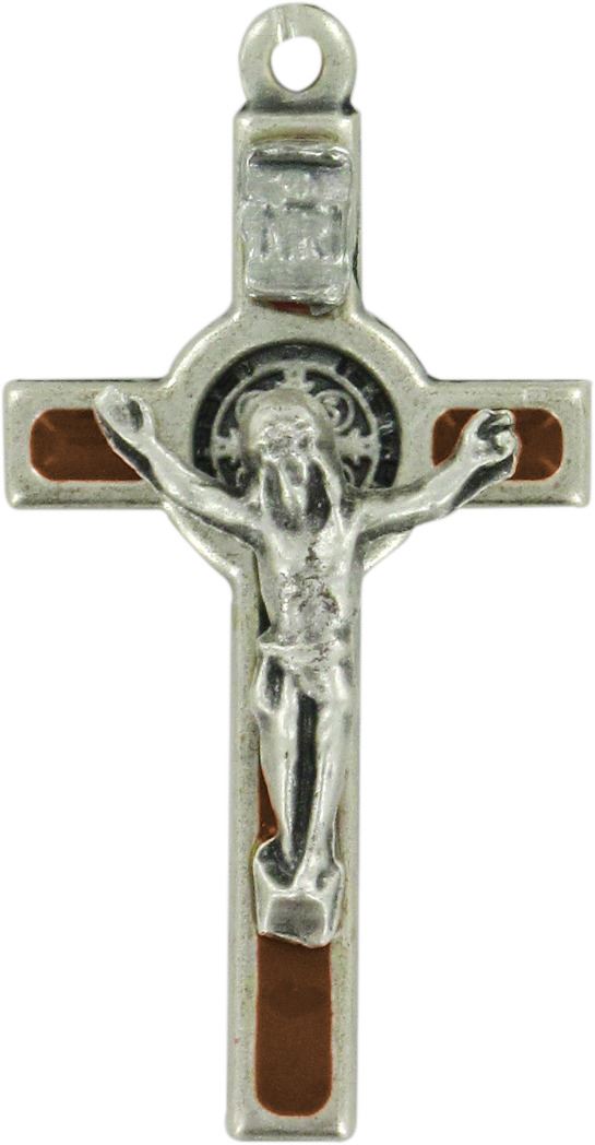 croce san benedetto in metallo nichelato con smalto marrone - 3,5 cm