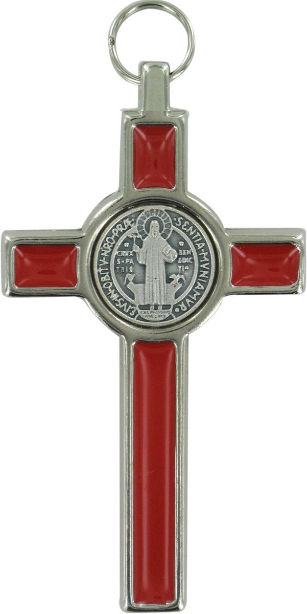 croce san benedetto in metallo nichelato con smalto rosso - 8 cm
