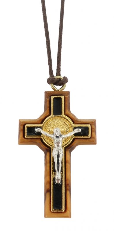 croce san benedetto in ulivo e metallo smaltato con laccio