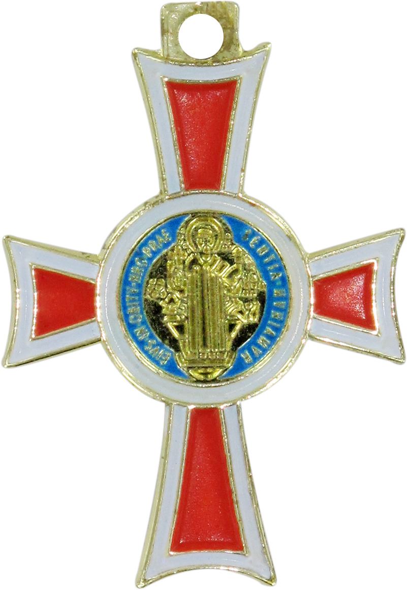 croce san benedetto coniata con bagno d'oro 24 kt con smalto rosso - 2,6 cm