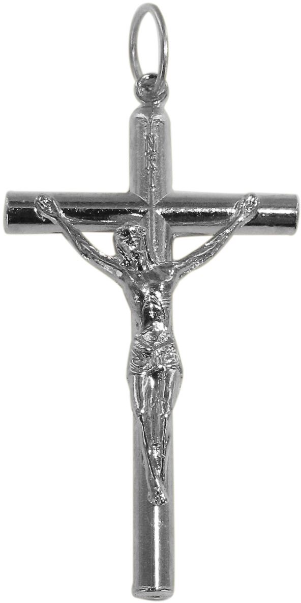 croce tondino con cristo riportato in metallo nichelato - 3,5 cm