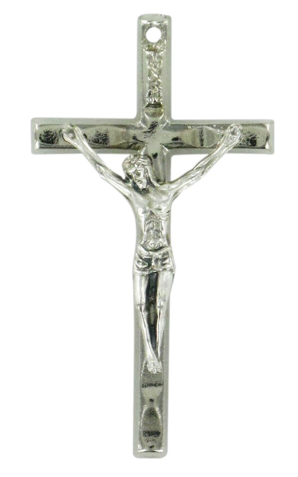 croce barretta con cristo riportato in metallo nichelato - 4 cm