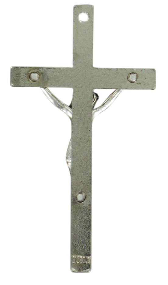 croce barretta con cristo riportato in metallo nichelato - 4 cm