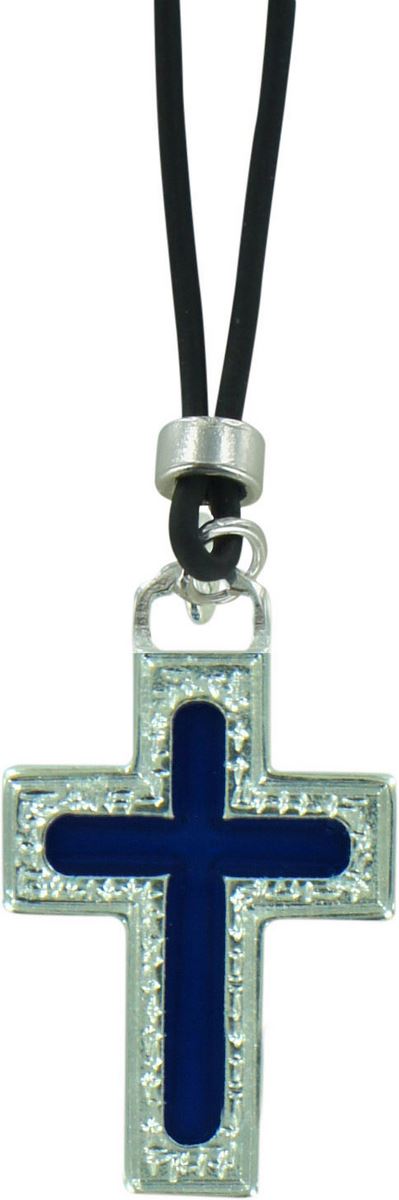 croce in metallo argentato con smalto blu e laccio - 3,8 cm