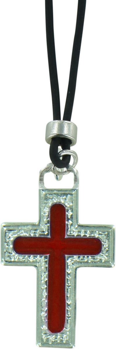 croce in metallo nichelato con smalto rosso e laccio - 3,8 cm