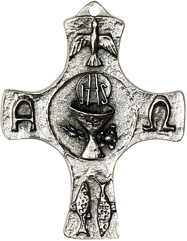 bomboniera comunione: croce in metallo con simboli della comunione - 8 cm