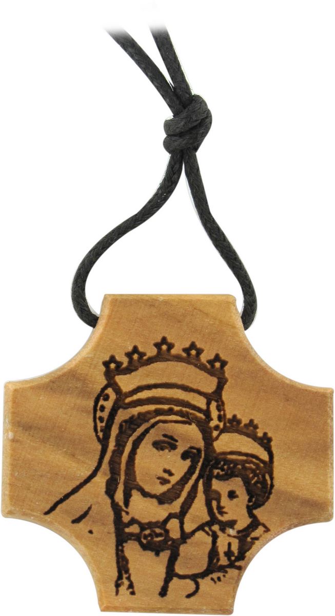 croce madonna con bambino in legno di ulivo con incisione