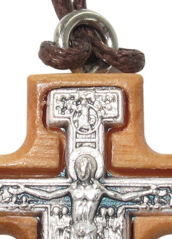 croce san damiano in metallo ossidato su legno ulivo con cordone - 3 x 2 cm
