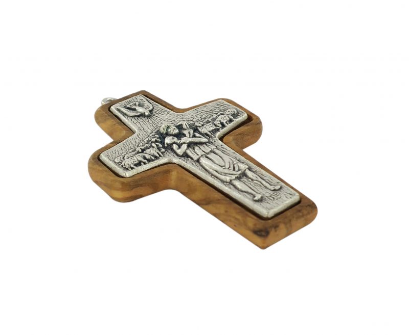 croce papa francesco  in metallo su legno ulivo cm 5 con laccio