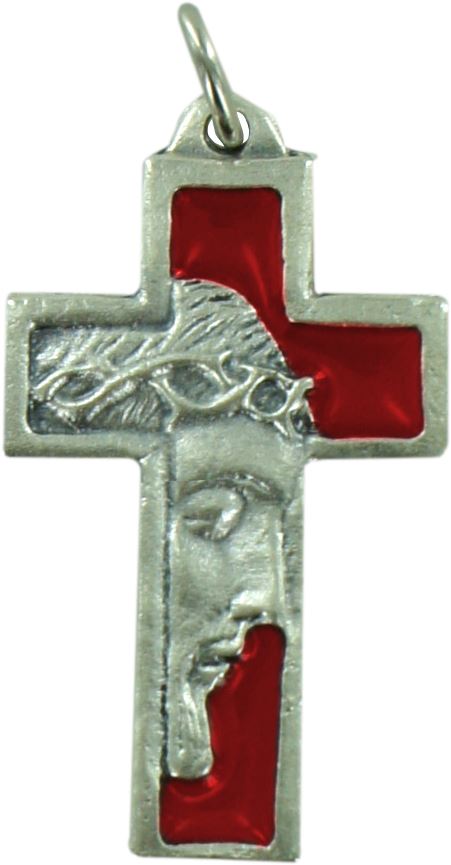 croce volto cristo in metallo nichelato e smalto rosso - 3,5 cm