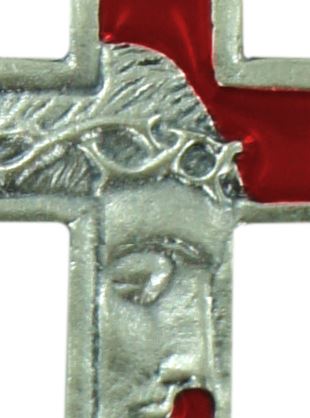 croce volto cristo in metallo nichelato e smalto rosso - 3,5 cm