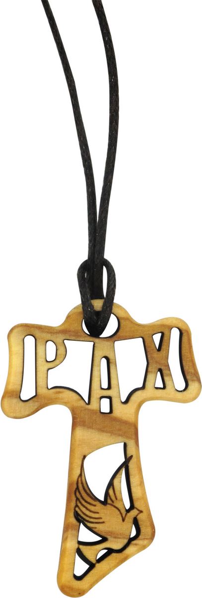croce tau in legno di ulivo traforata con i simboli della cresima - 4 cm