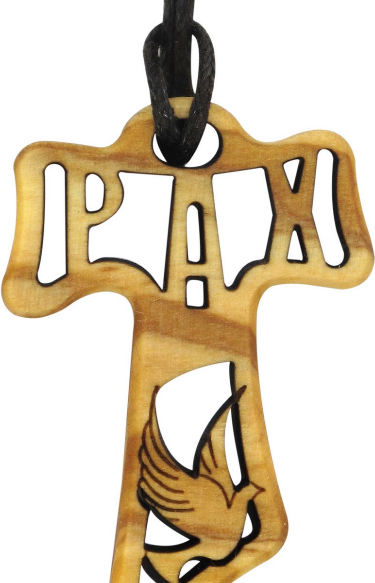croce tau in legno di ulivo traforata con i simboli della cresima - 4 cm